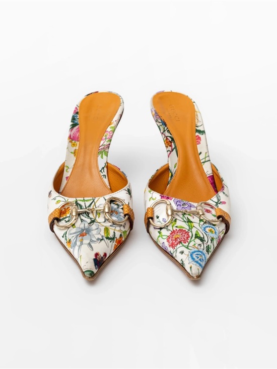 Gucci Shoes - Gucci Floral Pointed Mule Heels - White Flora